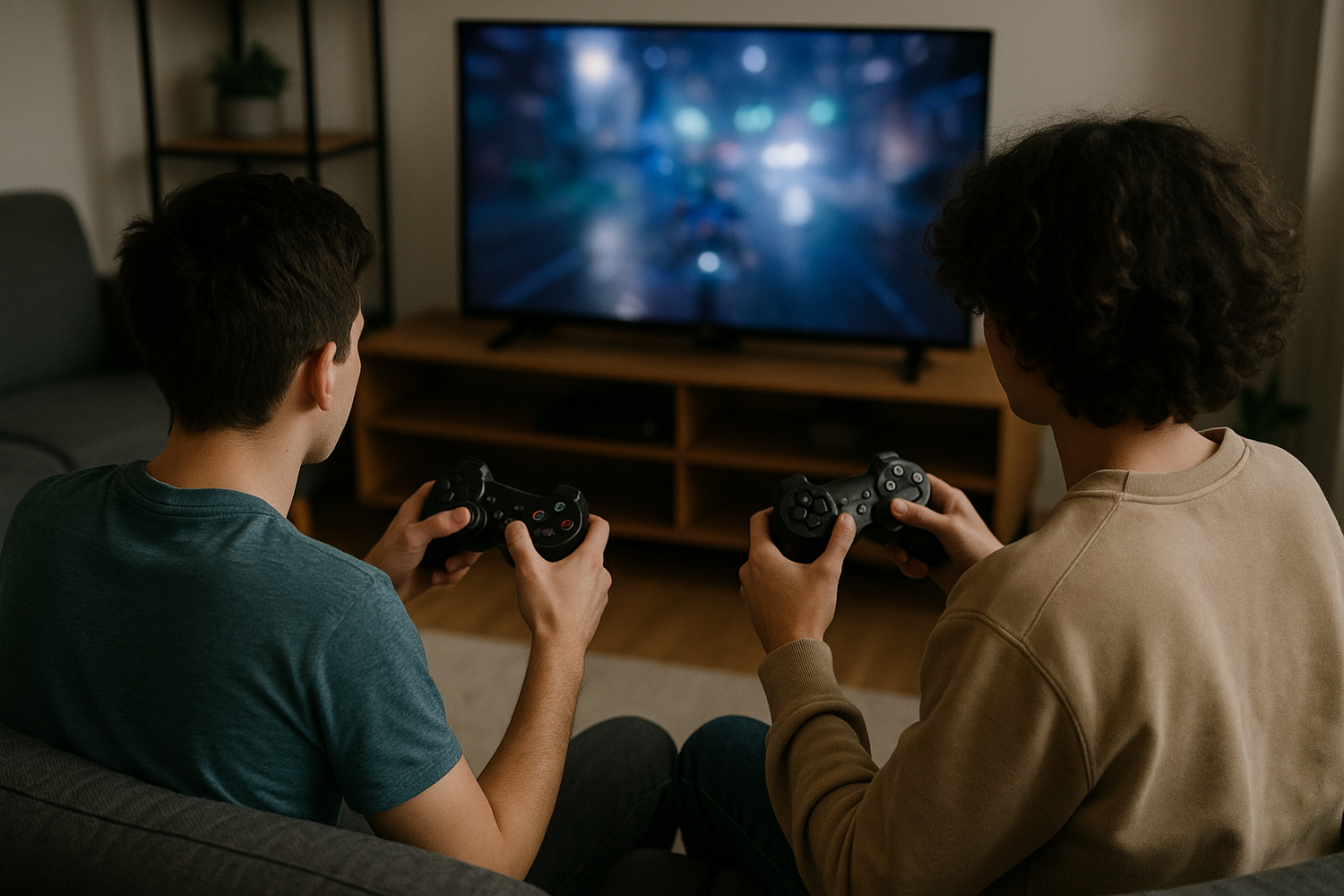 creame una imagen de dos chavales jugando a videojuegos que tengan un mando como de play 3 pero que no se les vea la cara